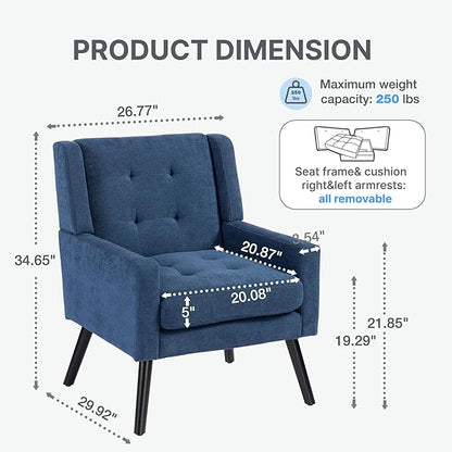 Mid-Century Modern Accent Chair Set of 2, Plush Linen Fabric with Button Tufted High Back & 5" Thick Cushion, High Comfort Reading Chair for Living Room, Bedroom, Office (Blue)