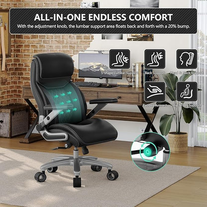 Big and Tall Office Chair with 5D Arms, 600lbs Heavy Duty Desk Chair with Adjustable Lumbar Support, PU Leather High Back Ergonomic Executive Computer Chair with 3'' Silent Casters