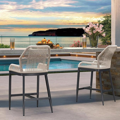 PURPLE LEAF 2 Pieces Counter Height Bar Stools Patio Boho Rattan Barstools Aluminum Woven Bar Chairs with Cushions for Outdoor Kitchen Island Garden