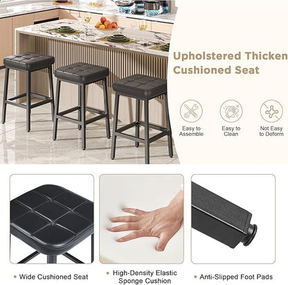 VECELO Modern Counter Height Bar Stools Set of 2, 24" PU Leather Upholstered Counter Stools with Metal Frame, Backless Square BarStools Bar Chairs for Kitchen Island, Black