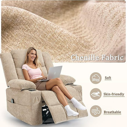 360° Rotating Adult Rocking Recliner, Baby Room Glider with Massage and Heating Functions, Rocking Chair with Cup Holder, Manual Recliner for Living and Bedroom (Fabric, Khaki)