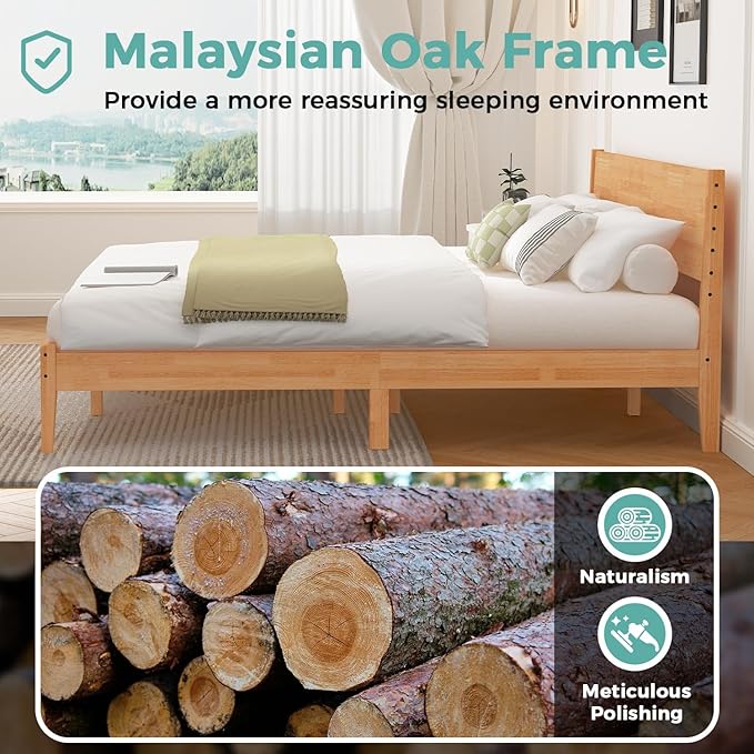 King Size Bed Frame and Headboard, Malaysian Oak King Bed Frame with Storage, Modern Platform Bed Frame with Headboard, No Box Spring Needed, Easy Assembly, Rustic Pine