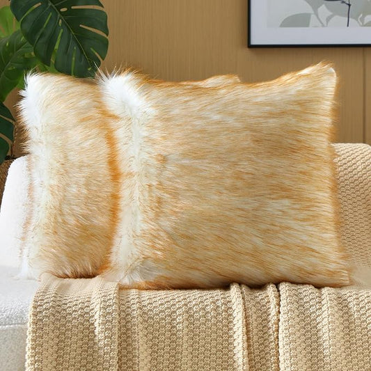 FUTEI Brown White Decorative Throw Pillow Covers 18x18 Inch Set of 2,Soft Fluffy Faux Fox Fur Textured Cushion Case,Modern Home Decor for Couch Living Room