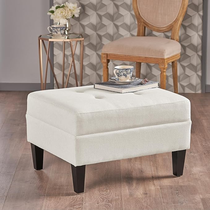 Christopher Knight Home Tufted Ottoman Footrest Rectangular Upholstered Ottoman Non Storage Fabric Ottoman Foot Rest Stool with Tufted Stitching,28.25 "W x 23 "D x 18.5 "H,Ivory