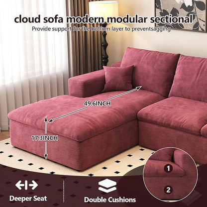 107'' U-Shaped Modern Modular Sectional Cloud Couch Whit Ottoman, 4-Seat Chenille Deep-Seat Sofa with Pillow for Living Room, Bedroom, Apartment, Wine Red