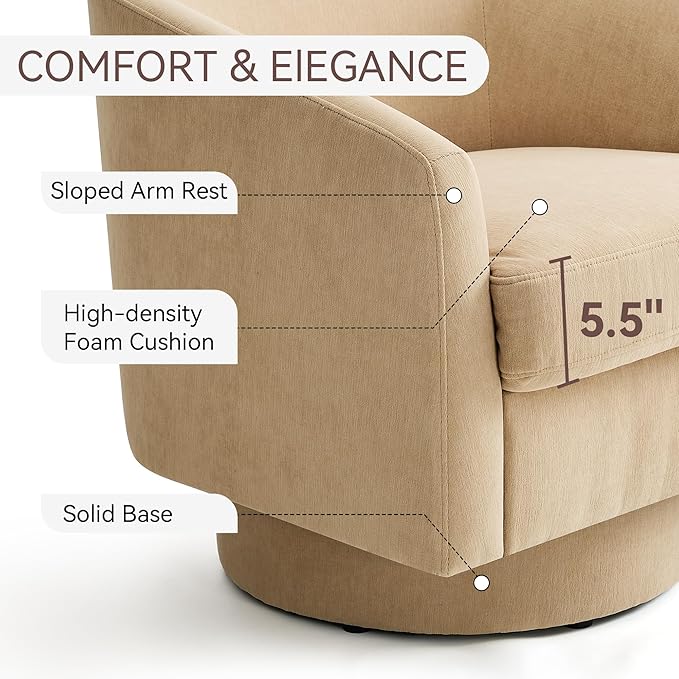 Swivel Barrel Accent Chair, Round Chenille Fabric Living Room Arm Chairs, Modern Upholstered Comfty Reading Nook Chairs for Bedroom, Small Club Armchair, Single Sofa Side Chair, Coffee