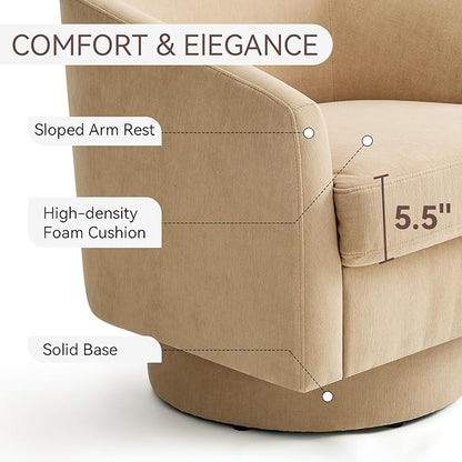Swivel Barrel Accent Chair, Round Chenille Fabric Living Room Arm Chairs, Modern Upholstered Comfty Reading Nook Chairs for Bedroom, Small Club Armchair, Single Sofa Side Chair, Coffee