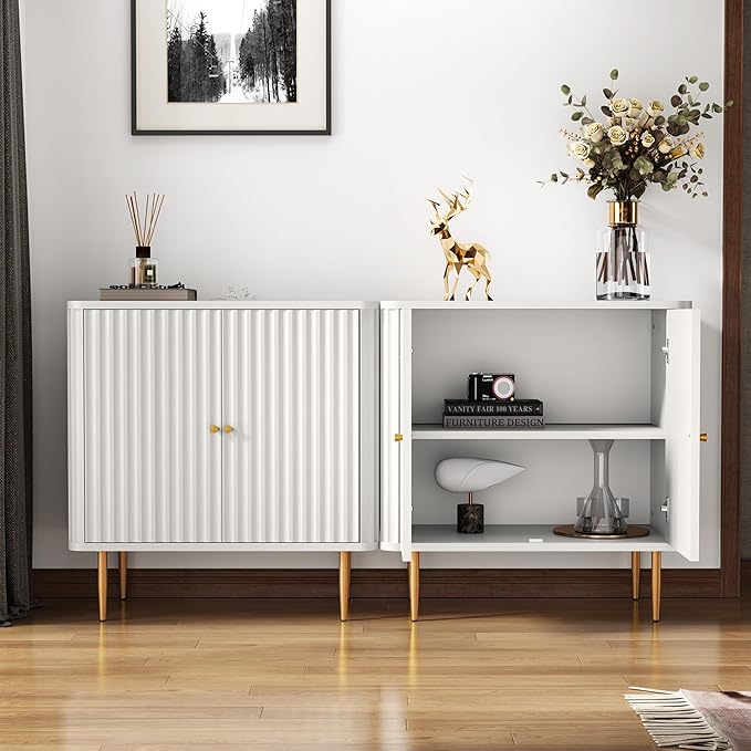 HLR Sideboard Buffet Cabinet with Fluted Texture, White Accent Cabinet with 2 Doors, Modern Credenza Storage for Kitchen Living Room, Entryway (White, 2Piece)