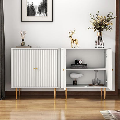 HLR Sideboard Buffet Cabinet with Fluted Texture, White Accent Cabinet with 2 Doors, Modern Credenza Storage for Kitchen Living Room, Entryway (White, 2Piece)