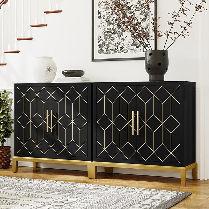 HLR Accent Cabinet with Gold Trim,Storage Cabinet with 2 Doors,Modern Wooden Sideboard for Living Room, Kitchen, Office and Hallway,Black