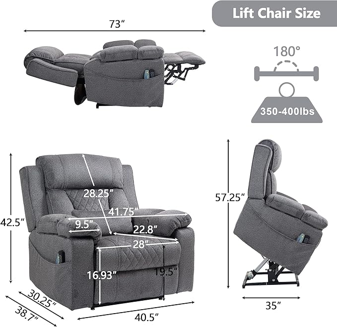 Big Man Power Lay Flat Lift Chair Oversized Recliner Dual Motor Heat Vibration for Elderly, Overstuffed Electric 28" Extra Wide Recliners with Flip Arm Storage Cup Holders,USB Type C Charging
