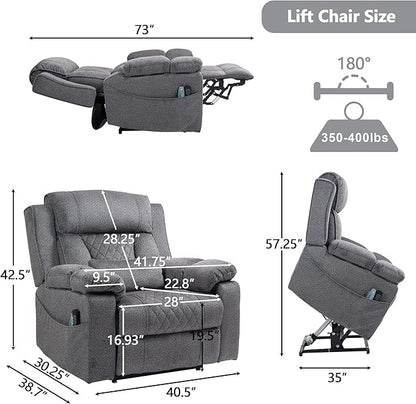 Big Man Power Lay Flat Lift Chair Oversized Recliner Dual Motor Heat Vibration for Elderly, Overstuffed Electric 28" Extra Wide Recliners with Flip Arm Storage Cup Holders,USB Type C Charging