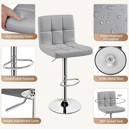 Yaheetech Bar Stools, PU Leather Adjustable Barstools, Modern Counter Stools with Back and Footrest, Counter Height Barstools for Bar, Kitchen, Dining Room, Light Gray