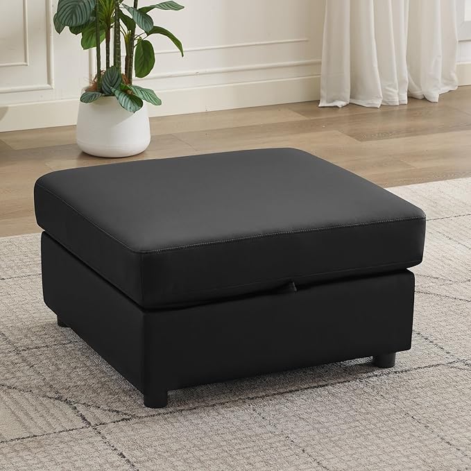 Ottoman with Storage, Faux Leather Square Storage Ottoman, Large Ottomans Foot Rest, Upholstered Foot Stools Ottomans for Modular Sectional Sofa, Coffee Table for Living Room, Black