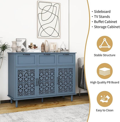 Sideboard Buffet Cabinet with Storage - Modern 3 Door 3 Drawer Farmhouse Wood Credenza for Living Room, Dining Room (Blue)