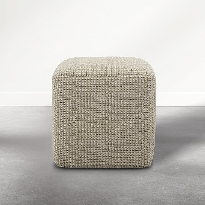 SIMPLIHOME Zelma Pouf - 18 inch Wide Upholstered Recycled PET Polyester Square Pouf Ottoman in Dune Beige, Boho Indoor/Outdoor Footstool for Patio or Living Room with Handwoven Design, Assembled