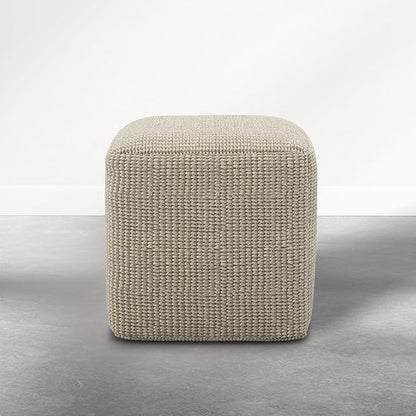 SIMPLIHOME Zelma Pouf - 18 inch Wide Upholstered Recycled PET Polyester Square Pouf Ottoman in Dune Beige, Boho Indoor/Outdoor Footstool for Patio or Living Room with Handwoven Design, Assembled
