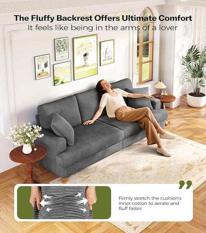 Kidirect 87in Corduroy Couch, Sofa No Tool Assembly, Comfy Couches for Living Room 21in Deeper Seats, Corduroy Sofas for Living Room with 2 Pillows, Oversized Loveseat Sofa, Boho Love Seat Grey Couch