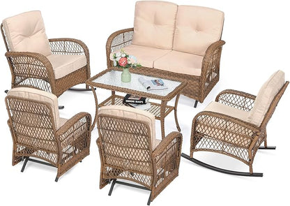 VIVIJASON 7-Piece Outdoor Patio Wicker Conversation Sets, All Weather Outdoor Rattan Furniture Set Includes Glider Loveseat, 2 Rocking Chairs, 2 Glider Rocker Chairs, 2 Coffee Table, Light Brown