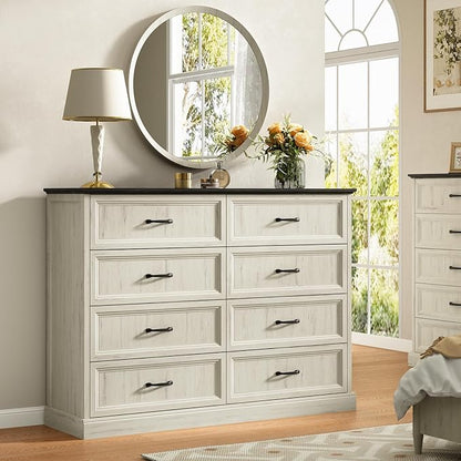 CARPETNAL Farmhouse 8 Drawer Dresser for Bedroom, 55 Inch Wide Modern White Dresser TV Stand with Large Drawers & Bar Handles, Rustic Wood Chest of Drawers for Bedroom, Living Room, Hallway, Entryway.