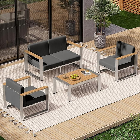 Aluminum Outdoor Furniture Set, 4 Seats Outdoor Patio Conversation Sets with Ergonomic Seat and Wide Thick Cushions, Modern Patio Sectional Furniture for Balcony, Porch (Teak-Charocal)
