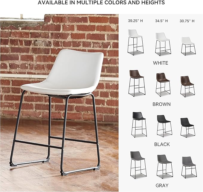 Signature Design by Ashley Centiar Casual Bucket Seat Dining Upholstered Bar Stool with Black Metal Base, Set of 2, Faux Leather, 23.75" Seat Height, White