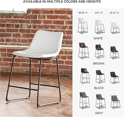 Signature Design by Ashley Centiar Casual Bucket Seat Dining Upholstered Bar Stool with Black Metal Base, Set of 2, Faux Leather, 23.75" Seat Height, White