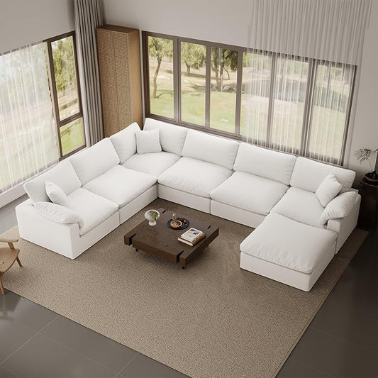 253" Oversized Cloud Modular Sectional Sofa,7 Seat Down Filled Sofa,Comfy Deep Seat Couch with Reversible Chaise & Cushions,Couch Cover Washable and Replaceable,White