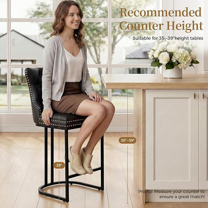 Counter Height Bar Stools Set of 3 for Kitchen Island, Modern Bar Stools with Backs, 26 Inch Barstools with Upholstered Faux Leather Seat and Metal Frame, Black