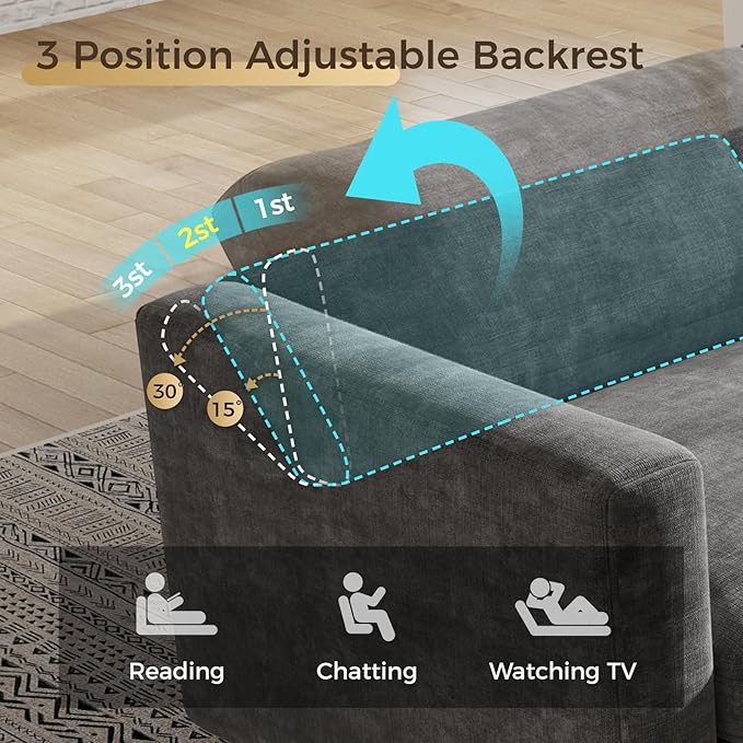 KKL Modular Sectional Sofa Couches for Living Room, 113" Sofa Couch with Adjustable Backrest, Chenille 3 Seater Sofa Couch with Comfy Cushion, Chenille, Grey