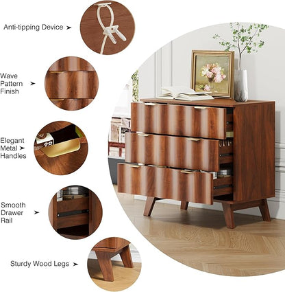 3 Drawer Dresser, Fluted Chest of Drawers with Handles for Closet, Large Nightstand with 3 Drawers Accent Cabinet for Bedroom, Living Room, Hallway (Walnut)