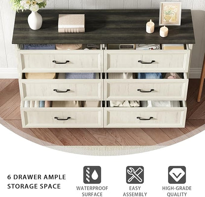 Farmhouse 6 Drawer Dresser for Bedroom, 55 Inch Wide Modern White Dresser TV Stand with Large Drawers & Bar Handles, Rustic Wood Chest of Drawers for Bedroom