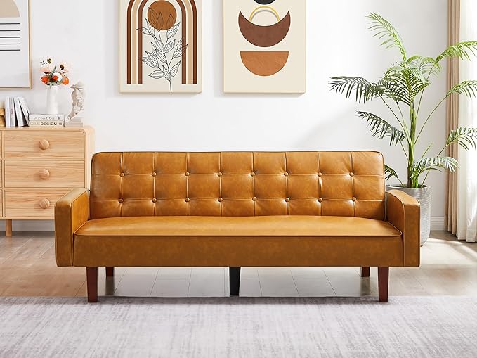 74" Loveseat Sofa with Vintage Button Tufting, Faux Leather Convertible Sleeper Futon Sofa Bed with Spring Cushion and Wood Legs for Apartments, Offices, Reception Areas, Living Rooms, Brown