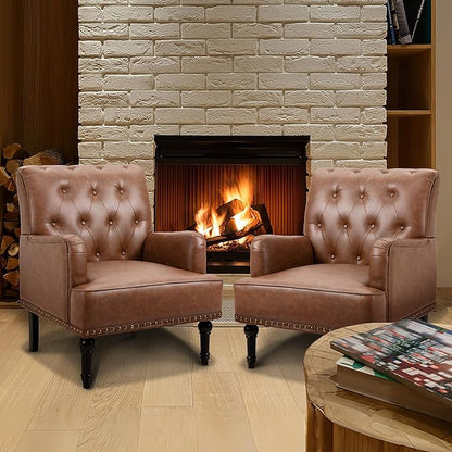 MOJAY Faux Leather Accent Chair Set of 2, Mid-Century Modern Living Room Chair Lounge Study Sofa Chair with Sturdy Wood Legs, Club Chair Armchair for Bedroom Home Study Reception (Brown)