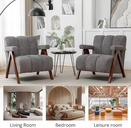 Mid Century Modern Accent Chairs Set of 2 with Solid Wood Frame, Boucle Upholstered Living Room Chairs with Thick Cushion, Comfy Tufted Arm Chair for Bedroom, Grey