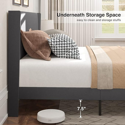 Gizoon Full Bed Frame with Wingback Headboard, Upholstered Platform Bed with Modern Geometric Headboard, Wooden Slats, Noise-Free, No Box Spring Needed