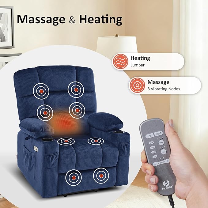 MCombo Dual Motor Power Lift Recliner Chair with Massage and Heat for Elderly People, Infinite Position, USB Ports, Cup Holders, Fabric 7679 (Medium, Navy Blue)