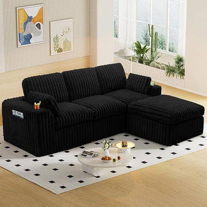 114" Cloud Boneless Sectional Couches for Living Room, Modular Sectional Sofa with Cup Holder, Cozy Fluffy L Shaped Deep Seat Boneless Couch with Storage Pocket, No Assembly Required, Black