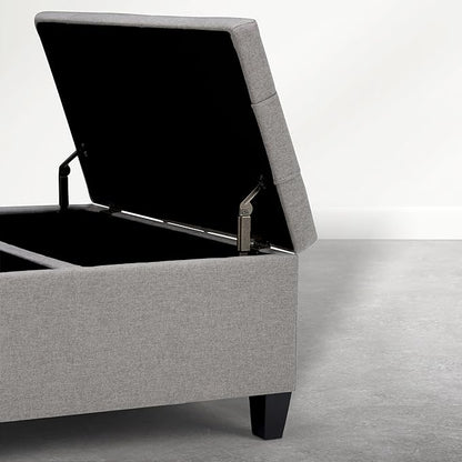SIMPLIHOME Harrison Coffee Table Storage Ottoman - 36 inch Wide Upholstered Linen Look Fabric Square Storage Ottoman in Oyster Grey, Transitional Tufted Ottoman for Living Room with Split Lift-Up Lid