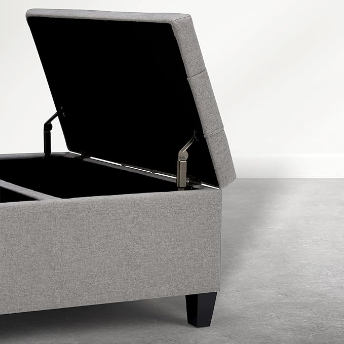 SIMPLIHOME Harrison Coffee Table Storage Ottoman - 36 inch Wide Upholstered Linen Look Fabric Square Storage Ottoman in Oyster Grey, Transitional Tufted Ottoman for Living Room with Split Lift-Up Lid