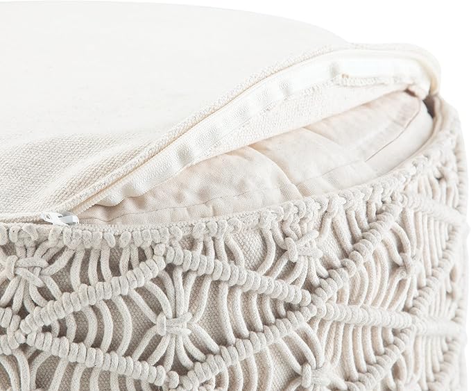 SIMPLIHOME Coates Boho Round Macrame Pouf in Natural Cotton for the Living Room, Bedroom and Kids Room