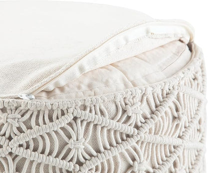 SIMPLIHOME Coates Boho Round Macrame Pouf in Natural Cotton for the Living Room, Bedroom and Kids Room