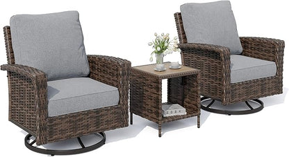 HERA'S HOUSE Outdoor Furniture, High Back Wicker Patio Swivel Chairs with Rattan Table for Deck Balcony Lawn Garden, Grey
