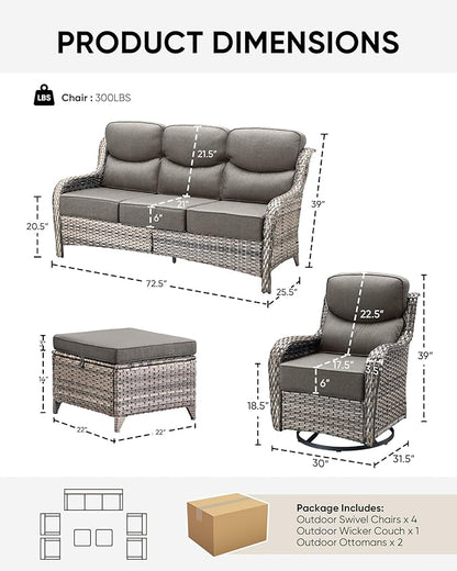 HUMMUH 7 Pieces Wicker Patio Furniture Set with Patio Swivel Chairs Set of 4,High Back Outdoor Sofa Ottomans,6 Inch Thick Cushions Outdoor Conversation Set for Porch, Balcony, Deck