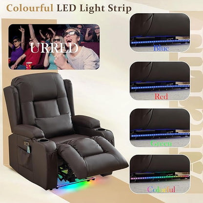 URRED Power Recliner Chair with Massage and Heat for Adults, Electric Reclining Sofa Home Theater Seating with Ambient Light, USB Ports, Cup Holders, Side Pockets, Pillow, Faux Leather, Brown
