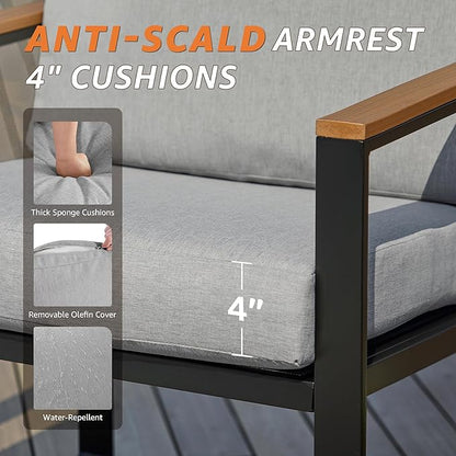 NATURAL EXPRESSIONS 4 Pieces Patio Furniture Sets,Outdoor Metal Sectional Furniture Modern Patio Conversation Set,Fauxwood Anti-Scald Armrest,Sling Mesh,Tempered-Glass Table,4" Olefin Cushions