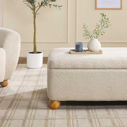 Walker Edison Linley Contemporary Large Storage Bouclé Ottoman with Wood Legs, Ivory