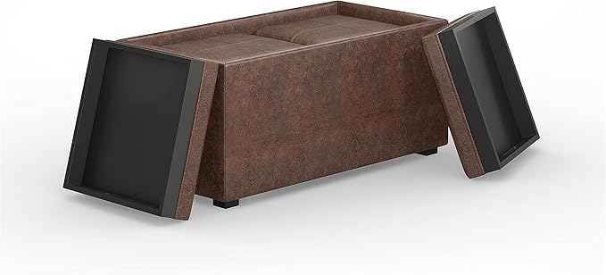 SIMPLIHOME Avalon 35 inch Wide Contemporary Rectangle 5 Pc Storage Ottoman in Distressed Chestnut Brown Vegan Faux Leather, Assembled, For the Living Room, Entryway and Family Room