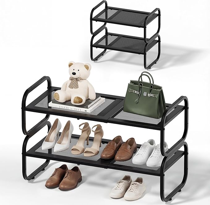 2 Tier Shoe Rack - Expandable Shoe Organizer for Closet, Adjustable Metal Shoe Shelf Storage, Stackable Long Shoe Stand Holder for Garage, Entryway, Door Entrance