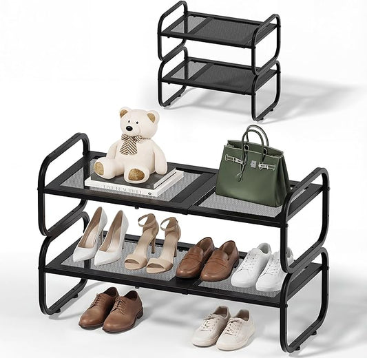 2 Tier Shoe Rack - Expandable Shoe Organizer for Closet, Adjustable Metal Shoe Shelf Storage, Stackable Long Shoe Stand Holder for Garage, Entryway, Door Entrance